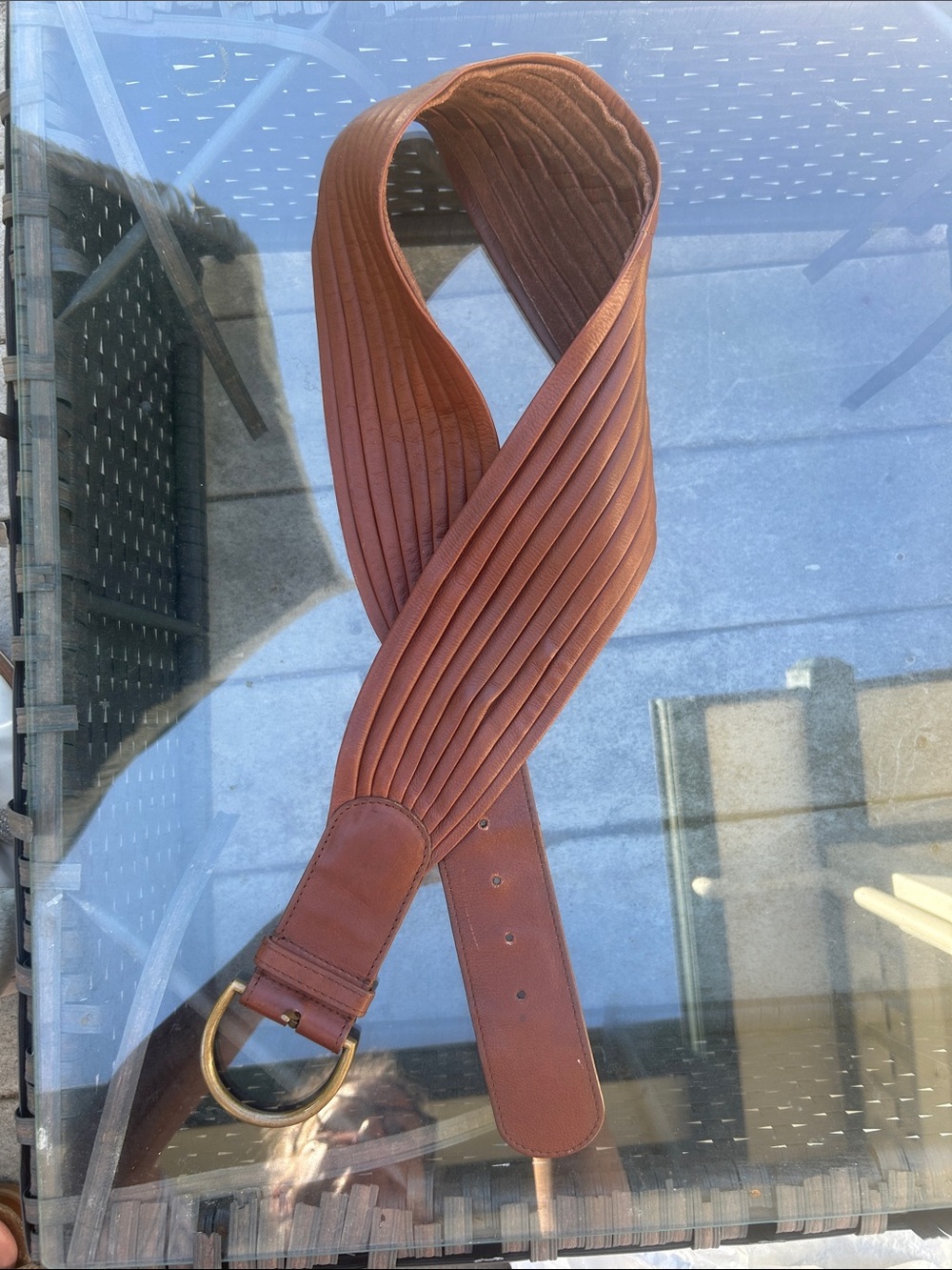 Hoss‎ Intropia Brown Ribbed Leather Belt Gold Ring Buckle Size M